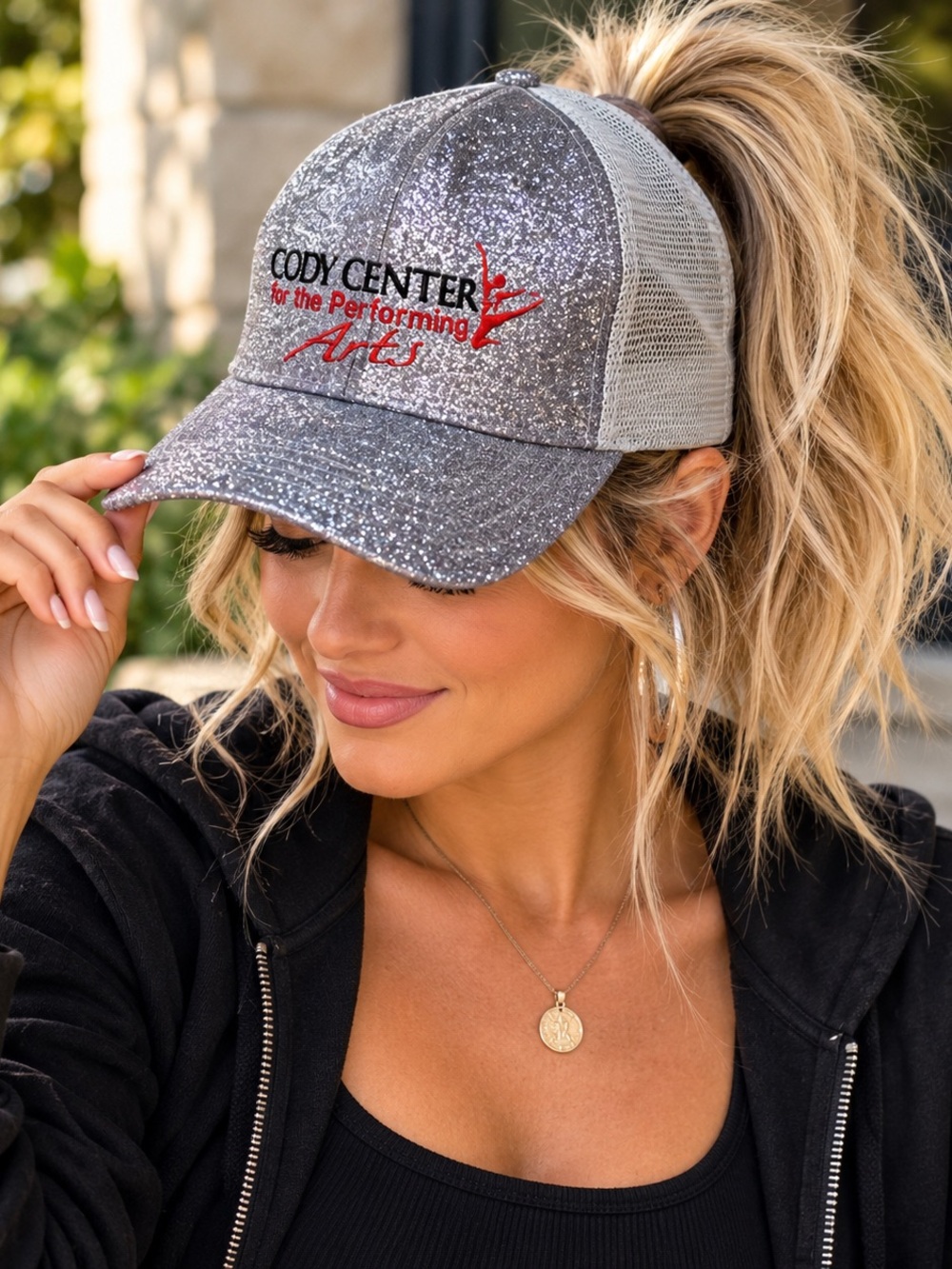 C.C Silver Glitter Ponytail Trucker Hat Cody Center Performing Arts